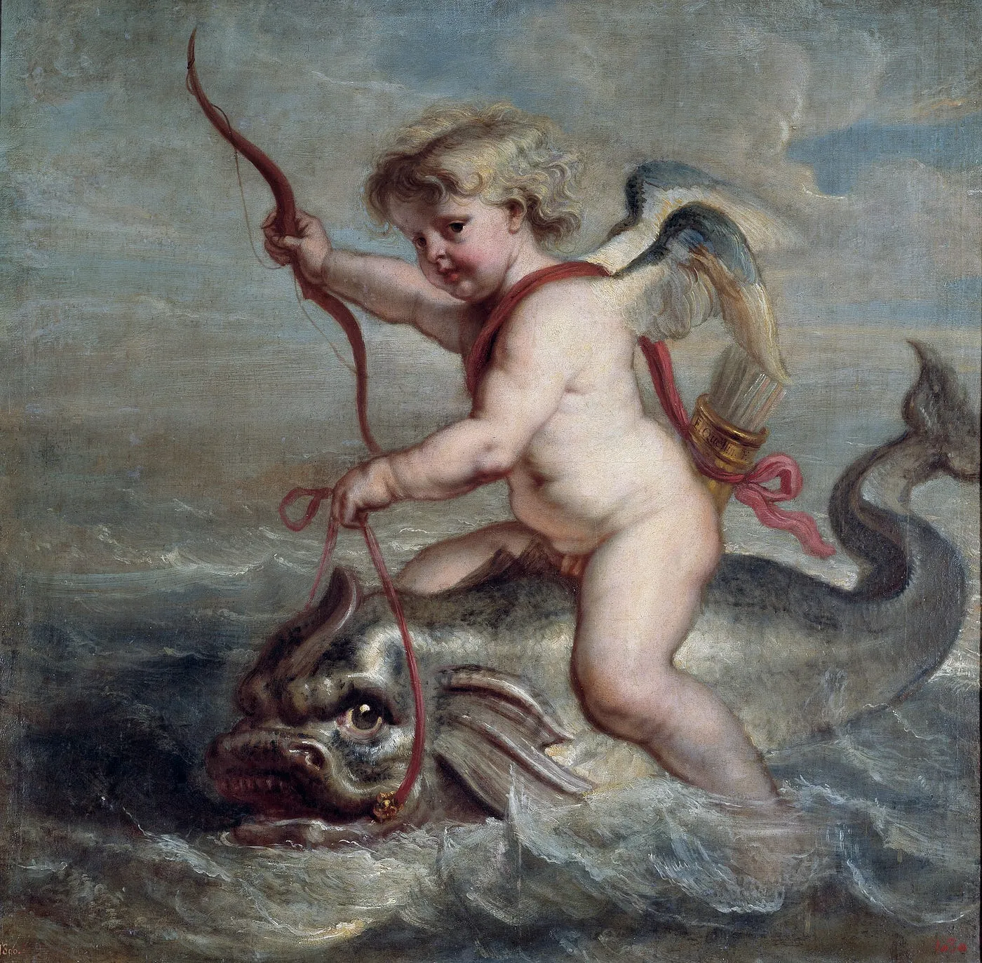 Cupid riding a strange, scaly creature with fins and a pig-like snout.