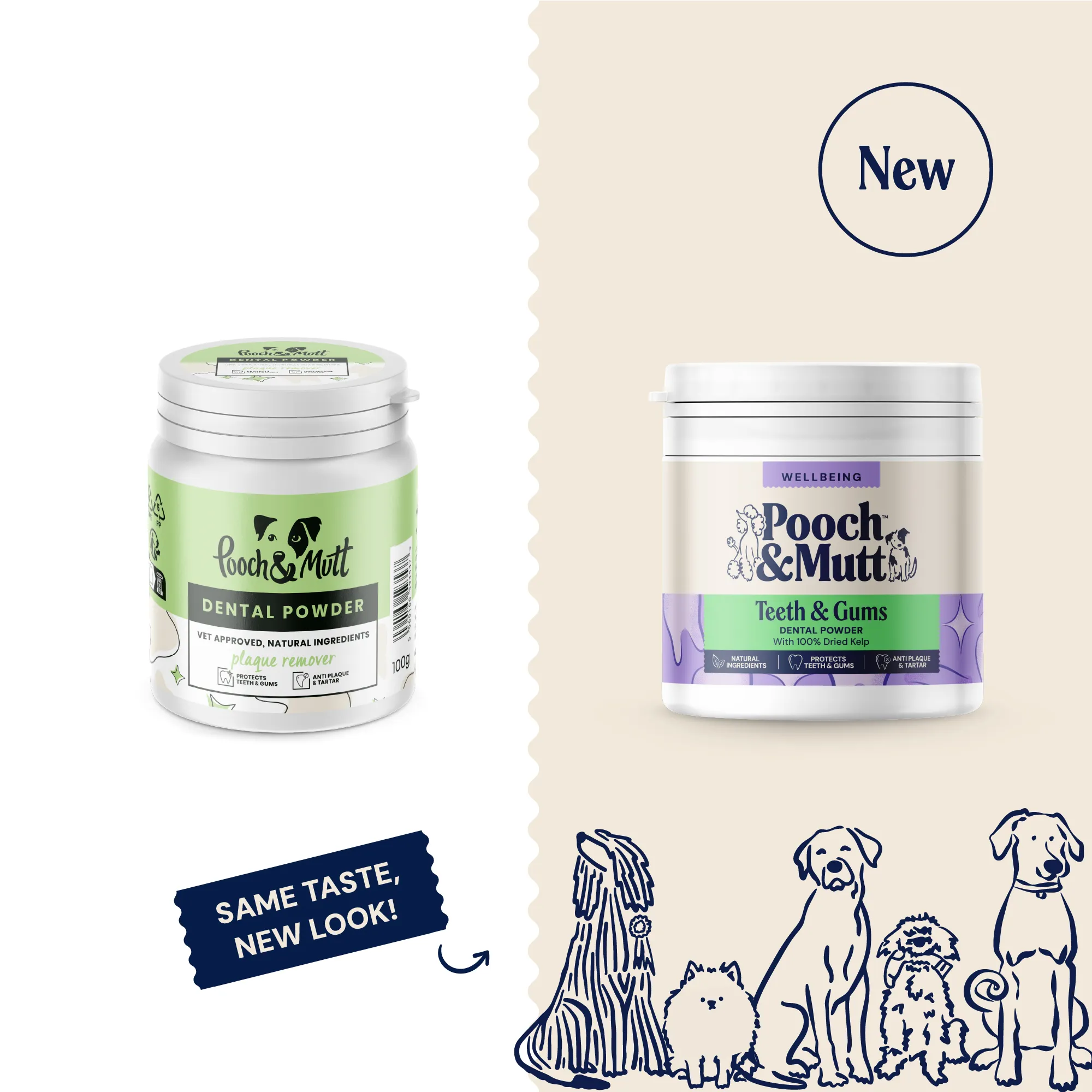 Product images showcasing dog dental care supplements.